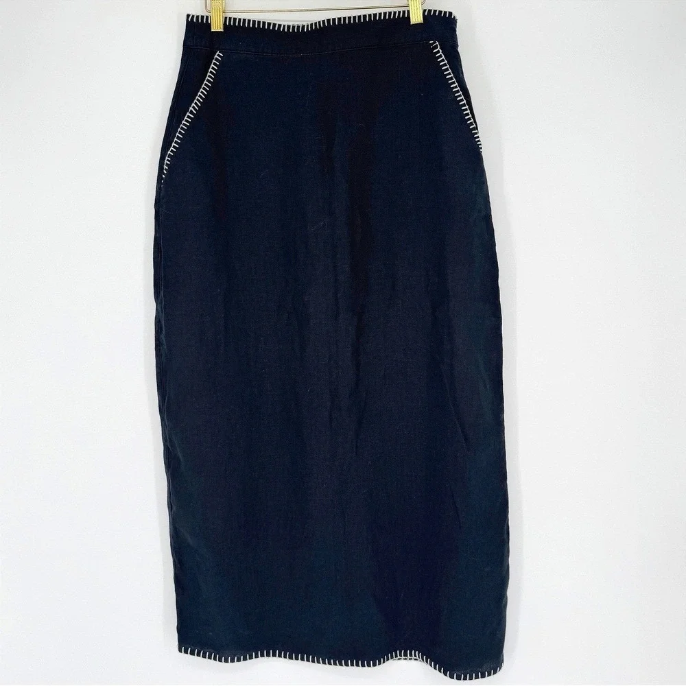 Rachel Zoe Flax Linen Midi Skirt 6 Black Blanket Stitch Minimalist Quiet Luxury
